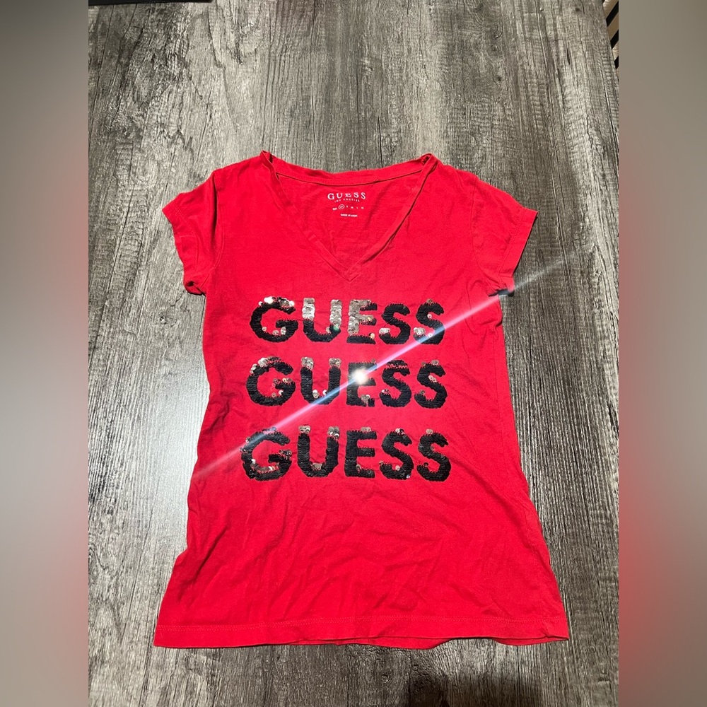 GUESS Red Sequin Logo Tee